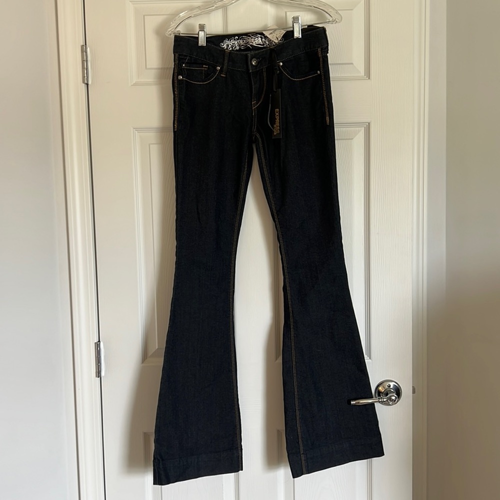 New with tags Express size 0, low rise, dark rinse flare, jeans